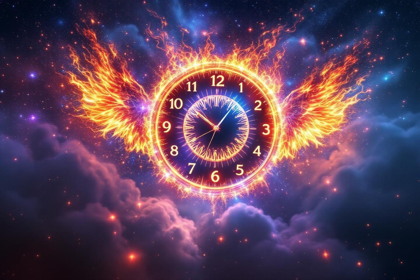 Horloge mystique à ailes de feu flottant dans l'espace stellaire