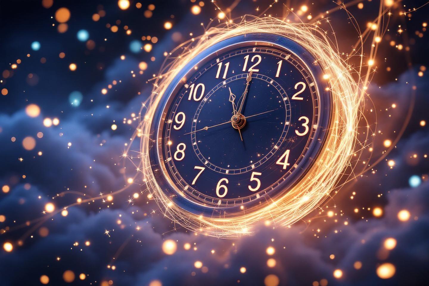 Horloge lumineuse entourée d'étincelles et de particules scintillantes