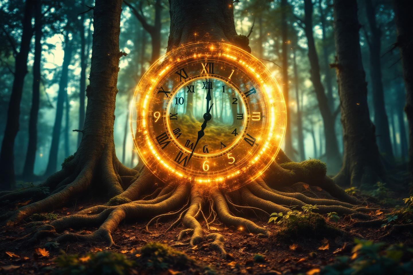 Horloge lumineuse enchâssée dans les racines d'un arbre forestier