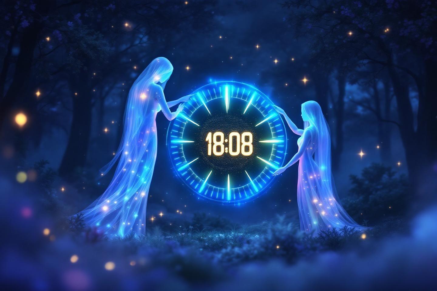 Deux figures spectrales bleues entourant une horloge mystérieuse