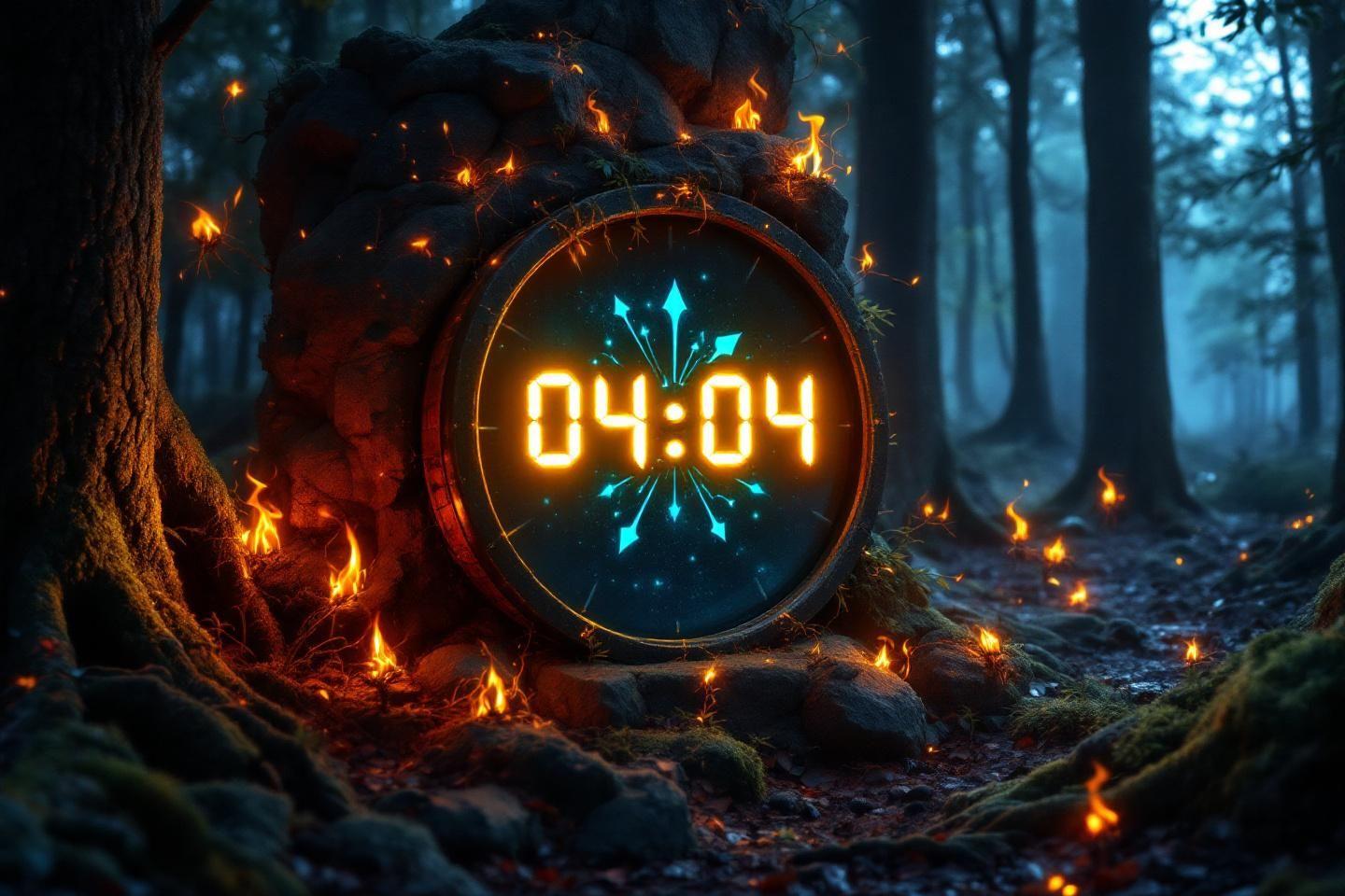 Horloge digitale entourée de flammes dans une forêt sombre et brumeuse