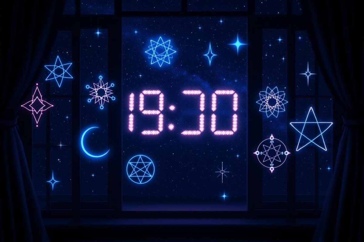 Affichage numérique de l'heure avec des étoiles et symboles cosmiques