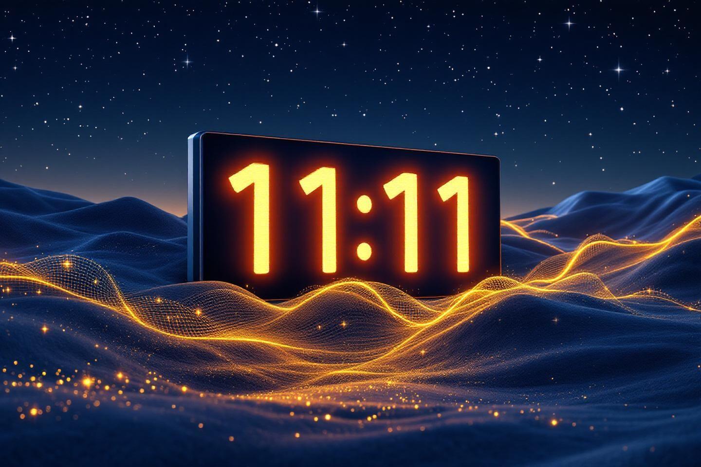 Affichage digital 11:11 sur fond de paysage ondulant et étoilé