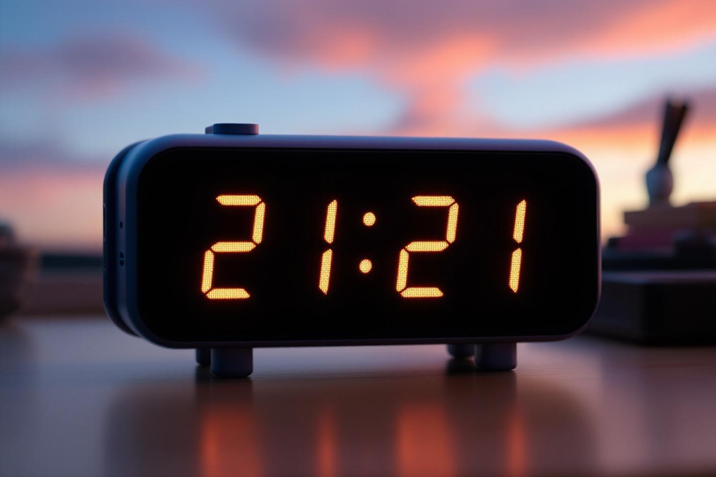 Horloge digitale affichant 21:21 avec un fond de ciel coloré