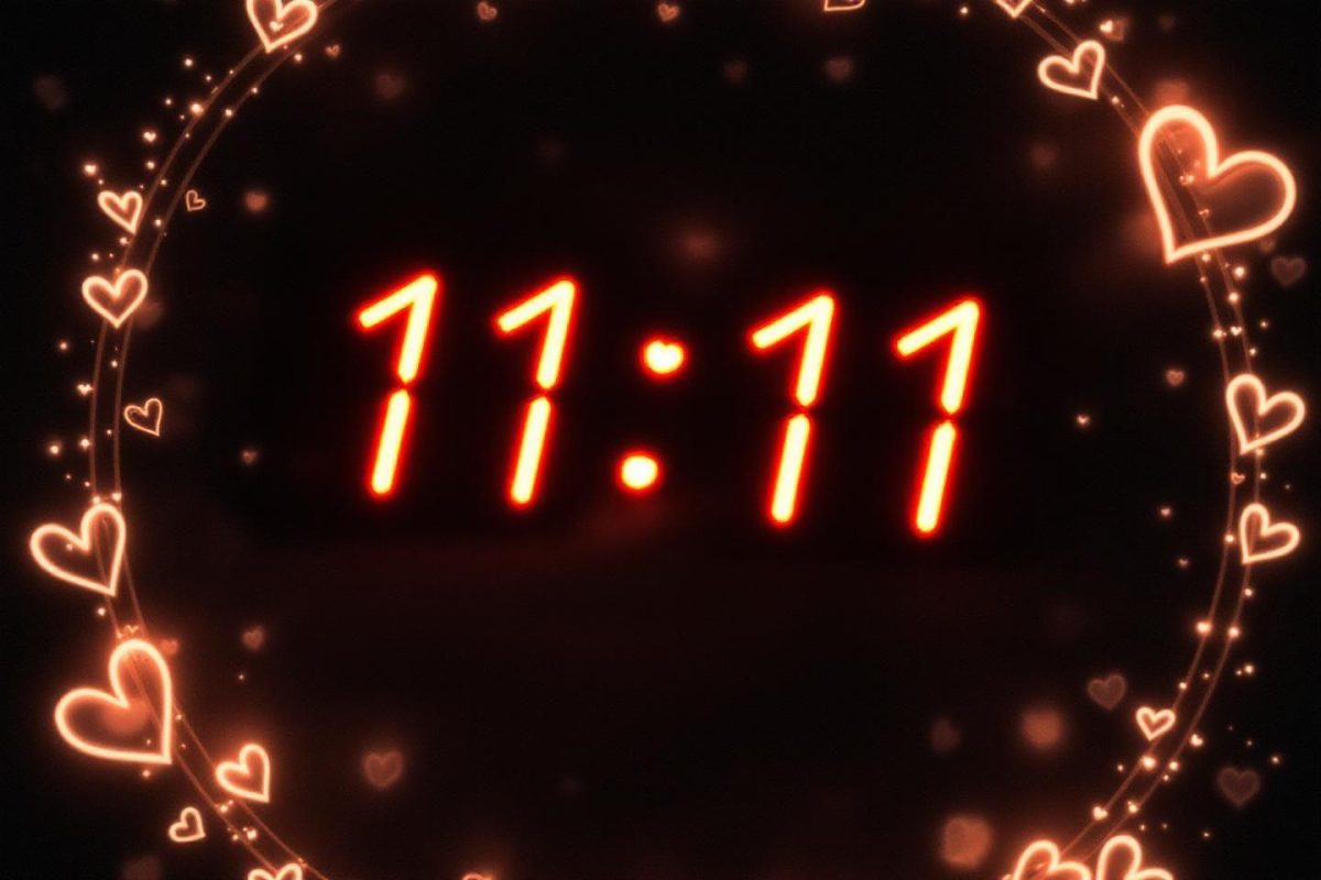 Horloge numérique affichant 11:11 sur fond sombre avec cœurs