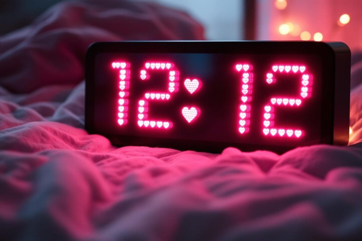 Horloge LED affichant 12:12 avec des cœurs sur fond rose