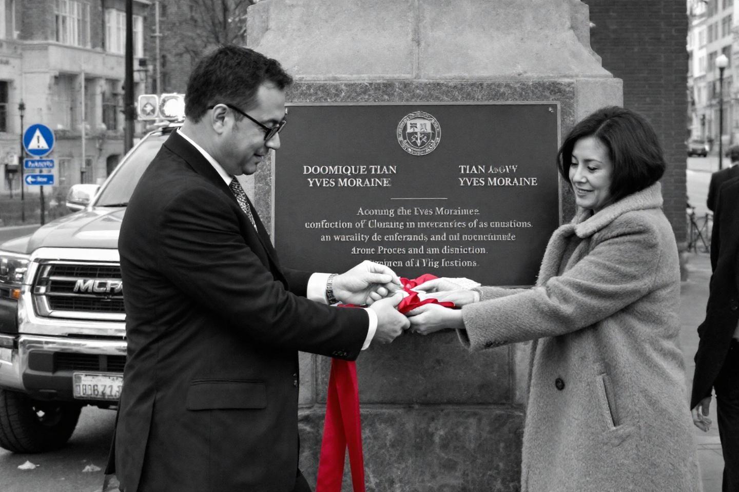 Deux personnes inaugurent une plaque officielle avec un ruban rouge