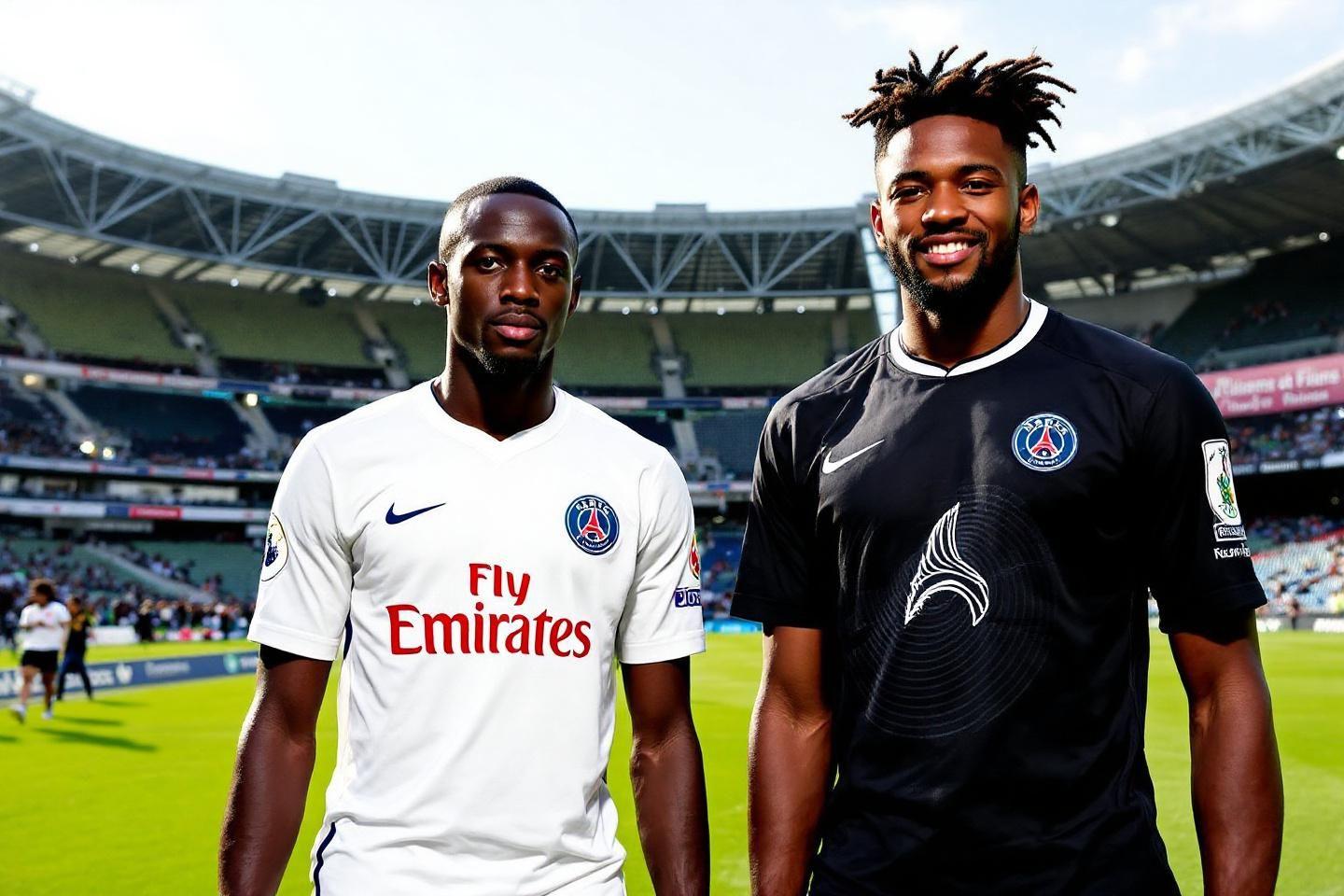 Deux footballeurs du PSG posant dans un stade