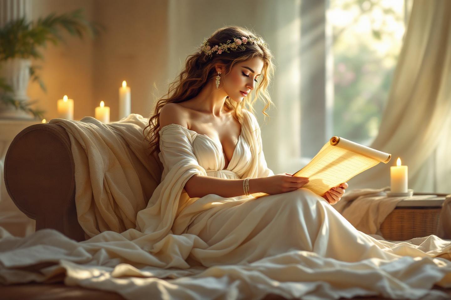 Femme en robe blanche lisant un parchemin près de bougies