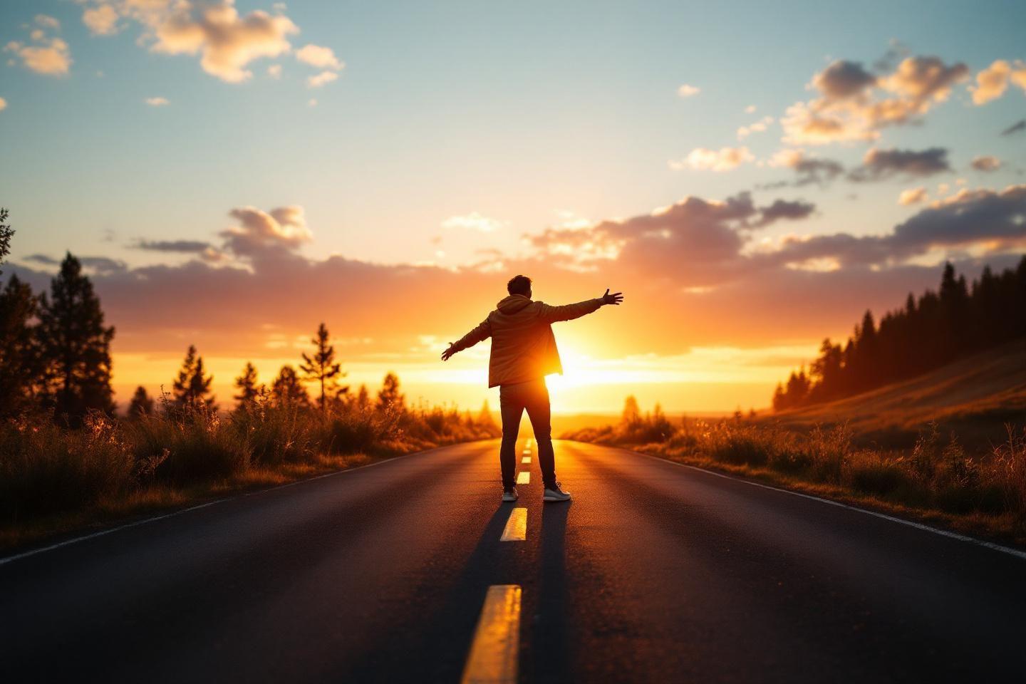 Silhouette sur route, bras écartés, soleil doré