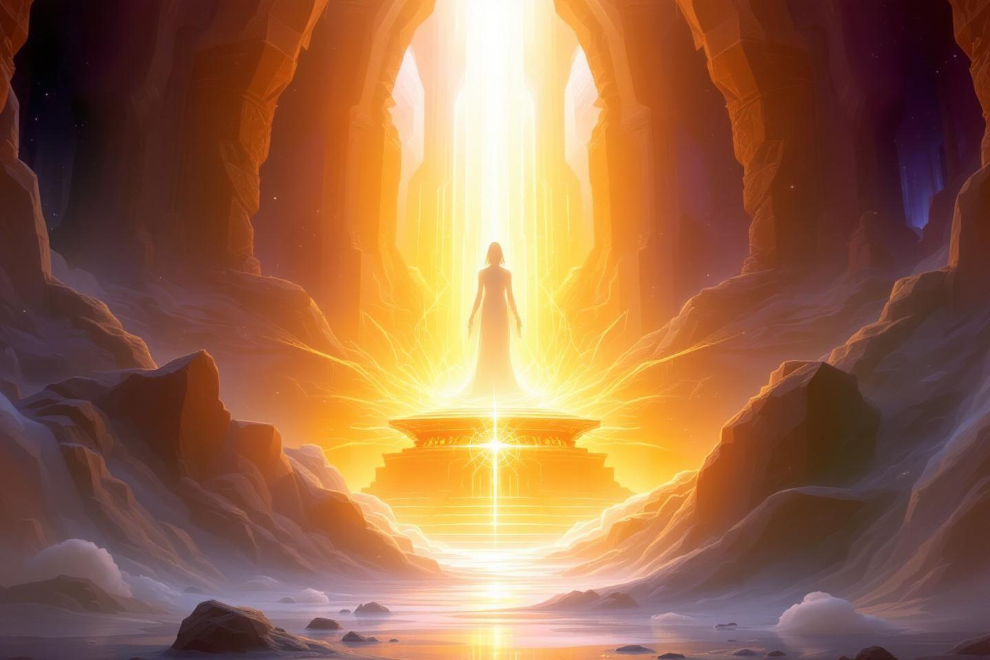 Silhouette lumineuse dans une grotte rocheuse illuminée