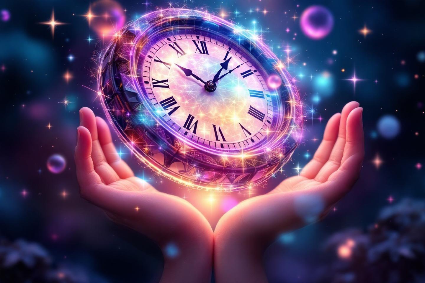 Mains tenant une horloge magique entourée d'étoiles scintillantes