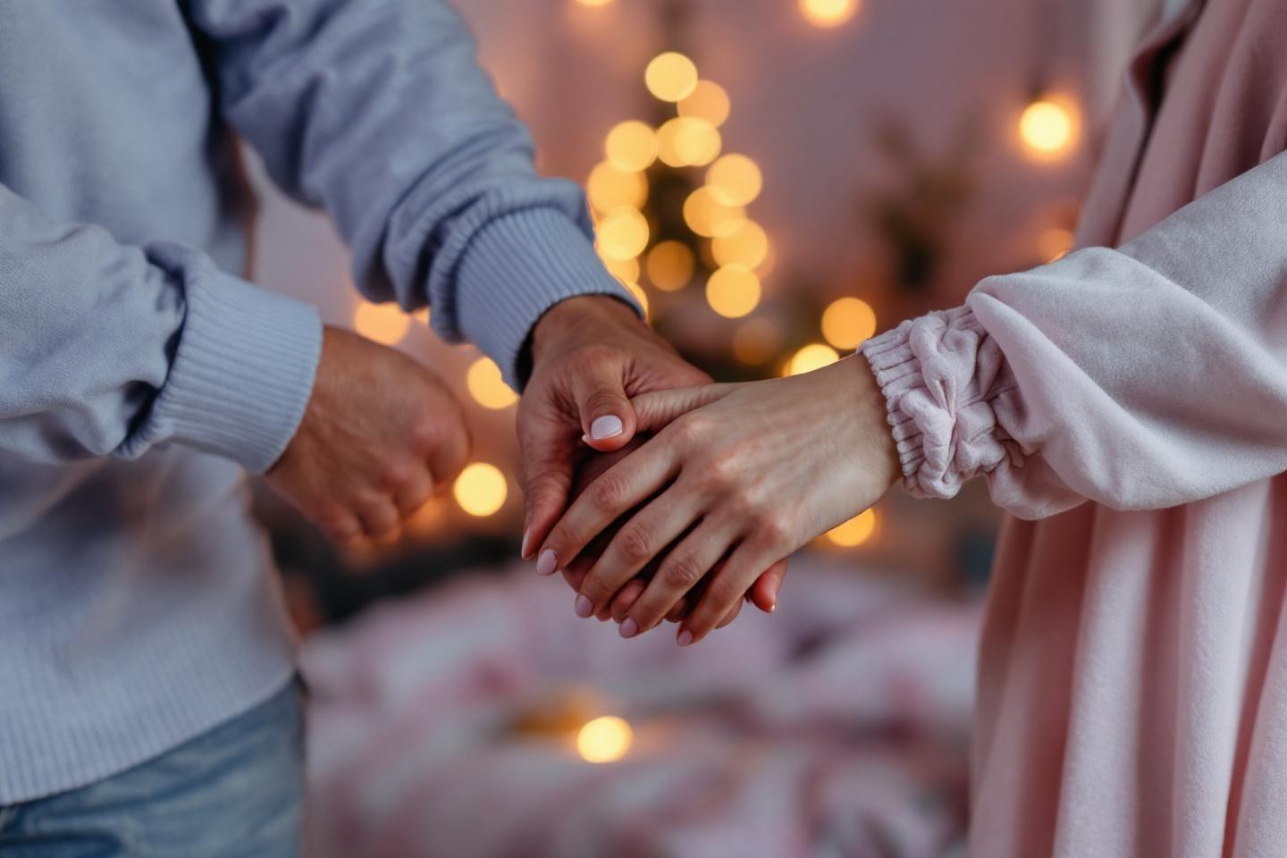 Deux mains se touchant doucement, lumières de Noël en fond