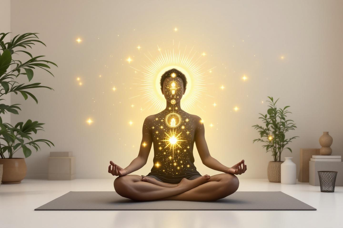 Corps méditant avec énergie lumineuse traversant les chakras
