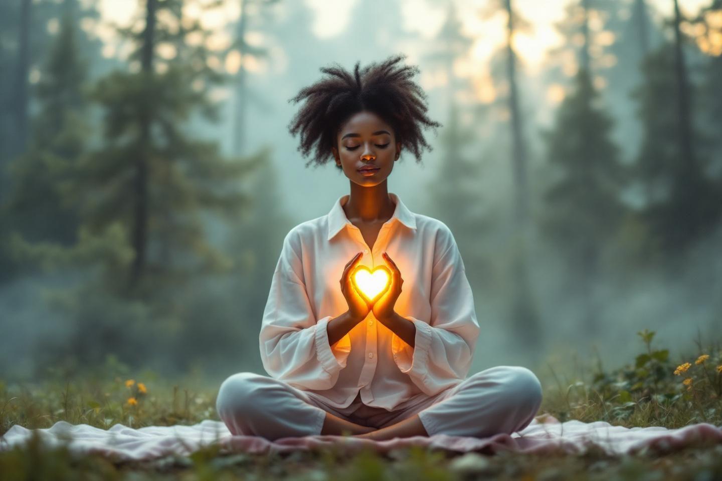 Femme méditative, mains formant un cœur lumineux en forêt