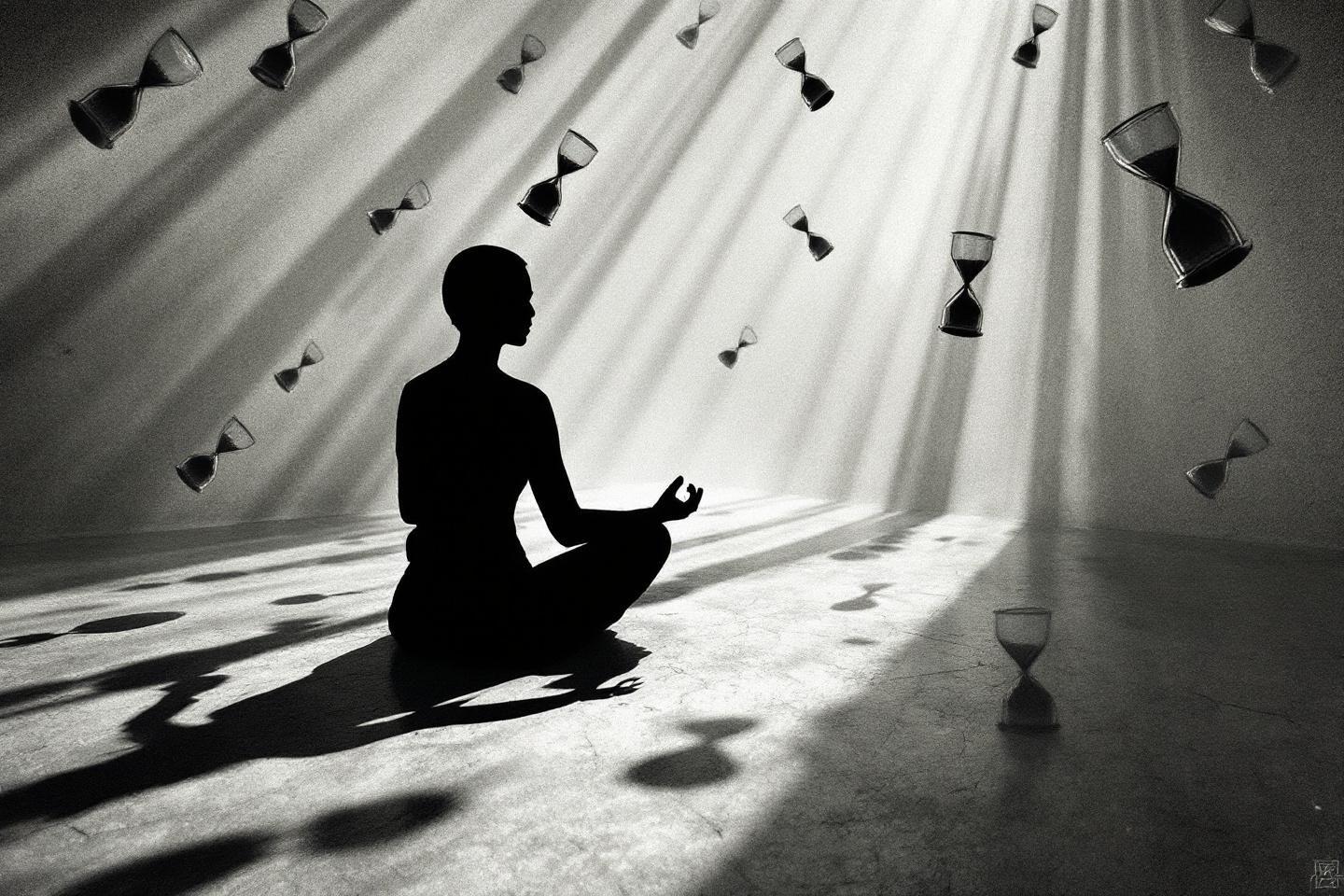 Silhouette méditative entourée d'horloges en noir et blanc