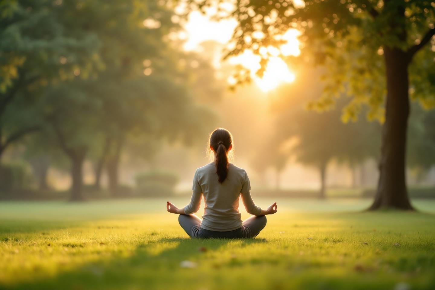 Silhouette méditant dans un parc brumeux au lever du soleil