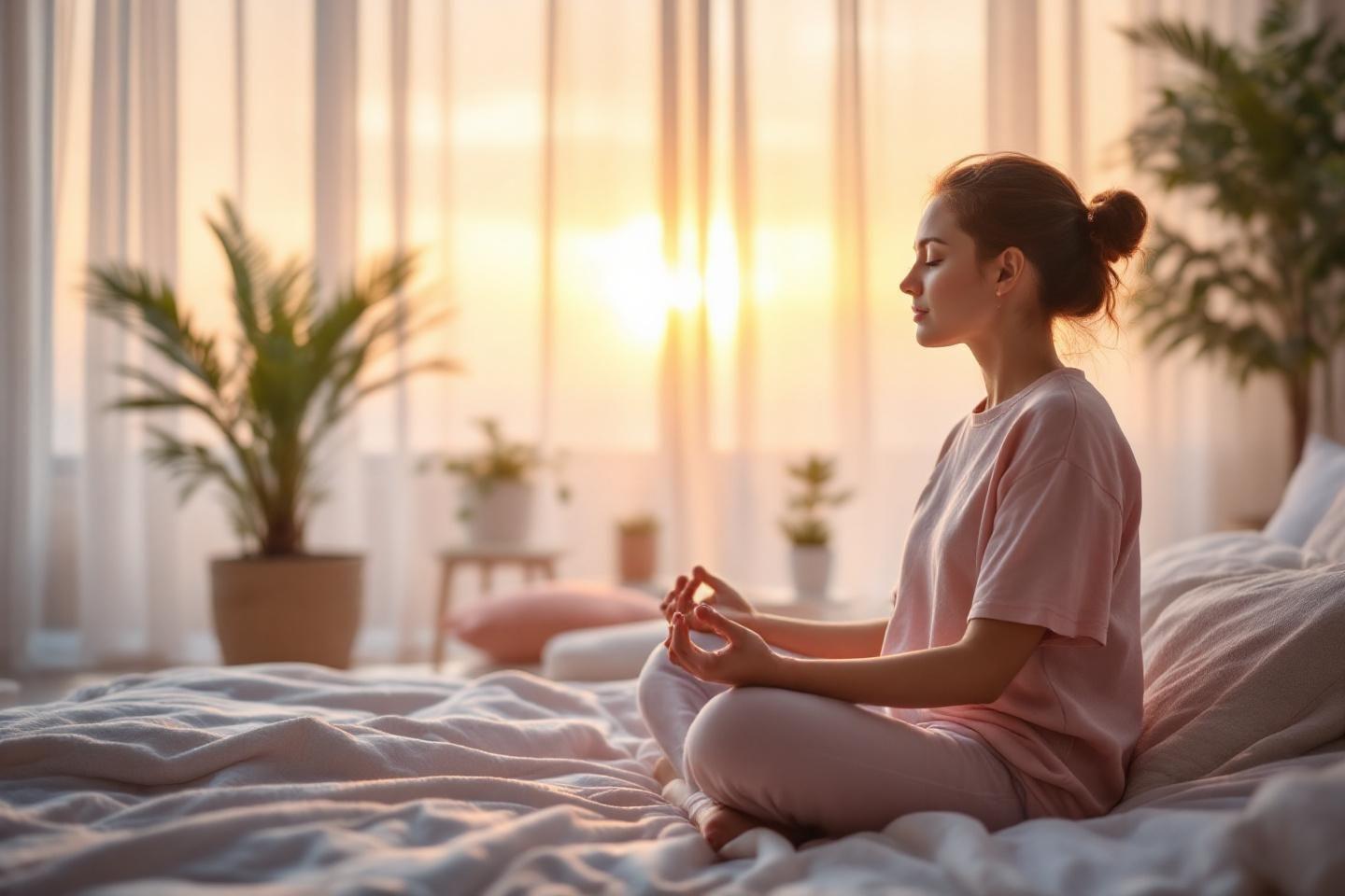 Femme méditant sur un lit au lever du soleil