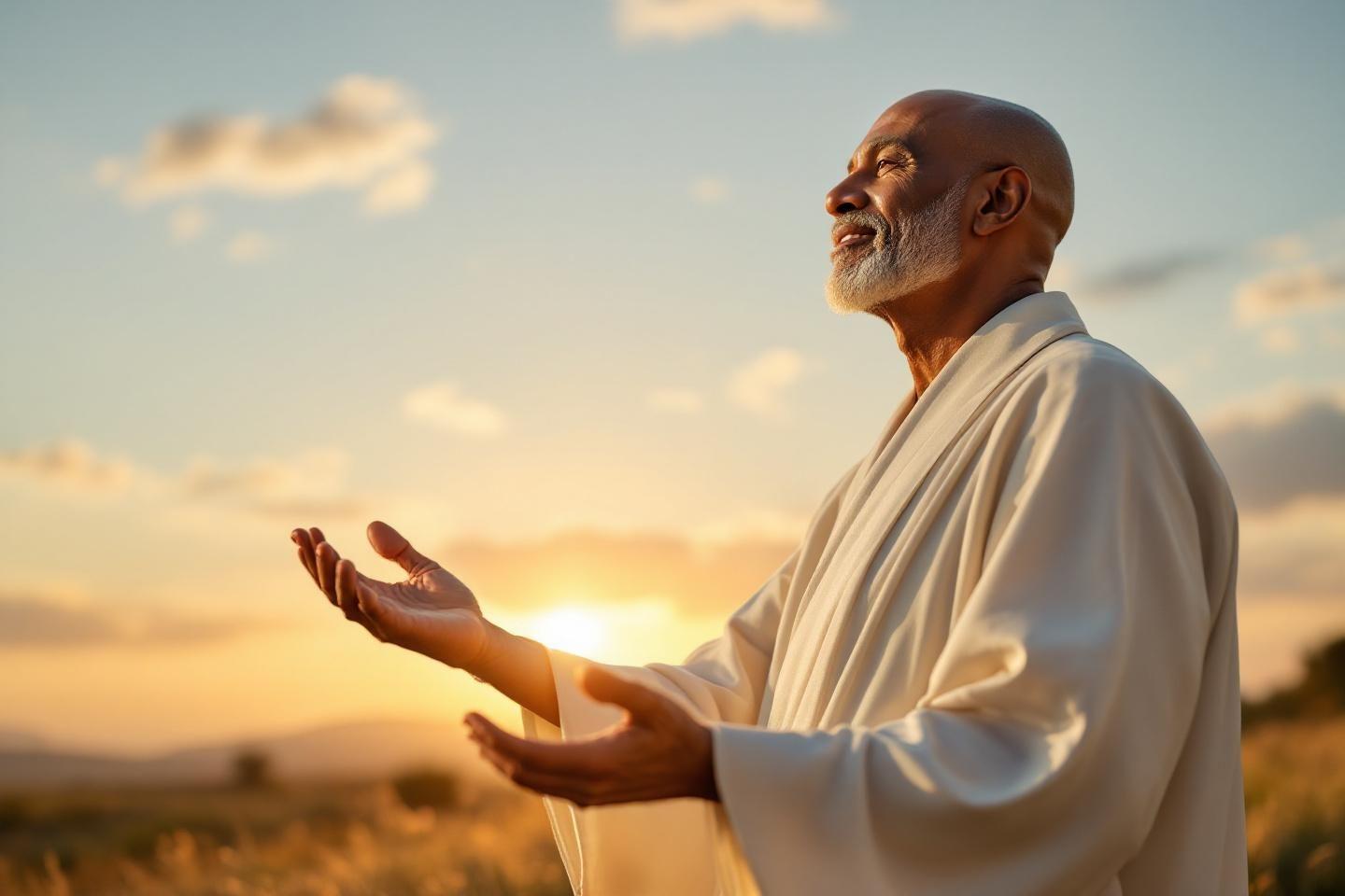 Homme âgé en robe blanche méditant paisiblement au coucher du soleil
