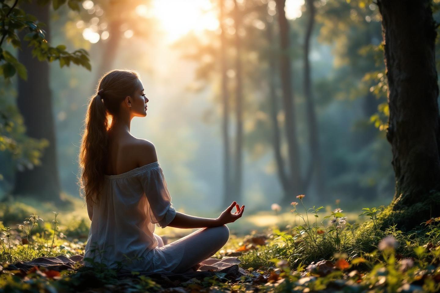 Femme méditant paisiblement entourée de rayons solaires et d'arbres