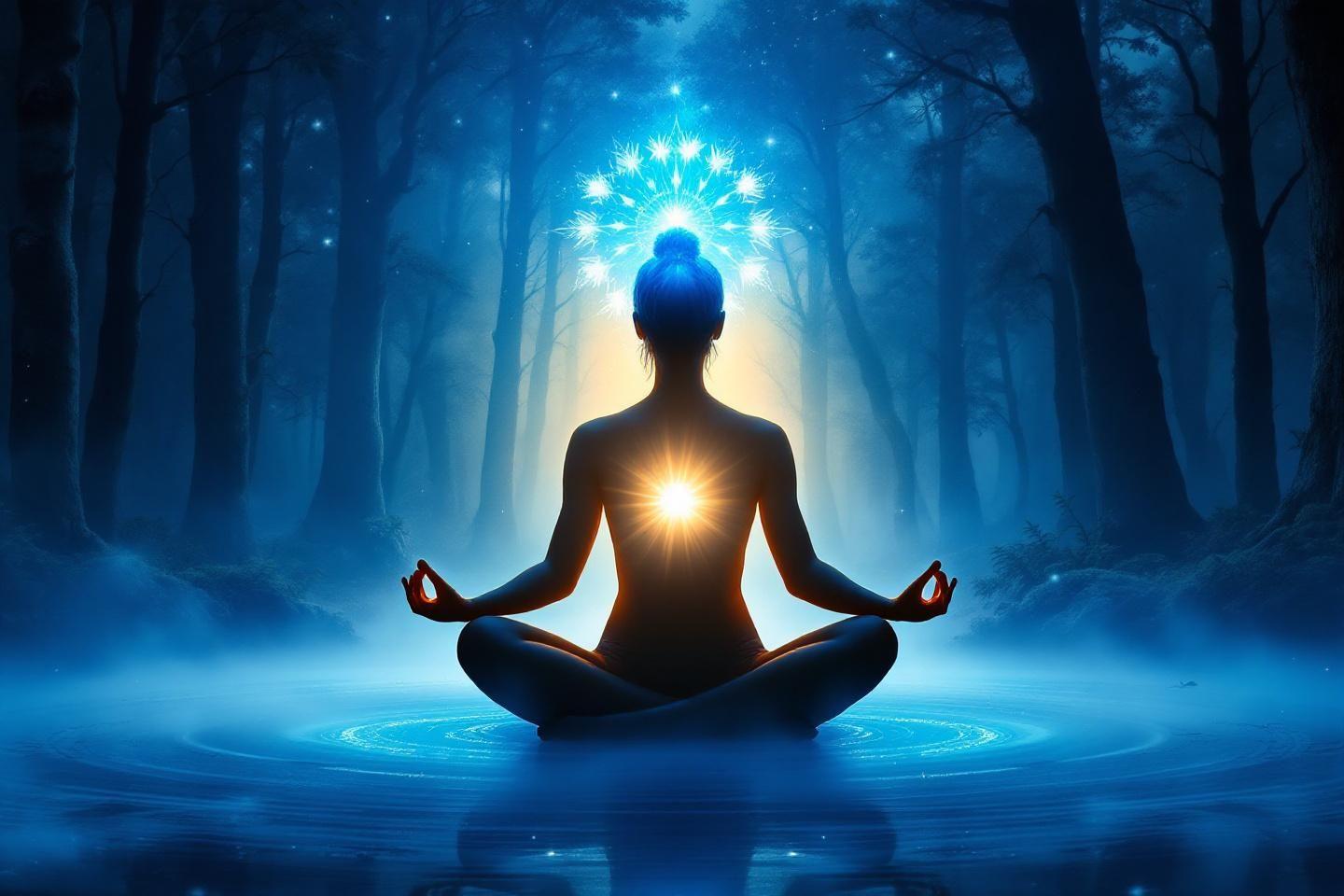 Silhouette méditant avec chakras lumineux dans une forêt mystique