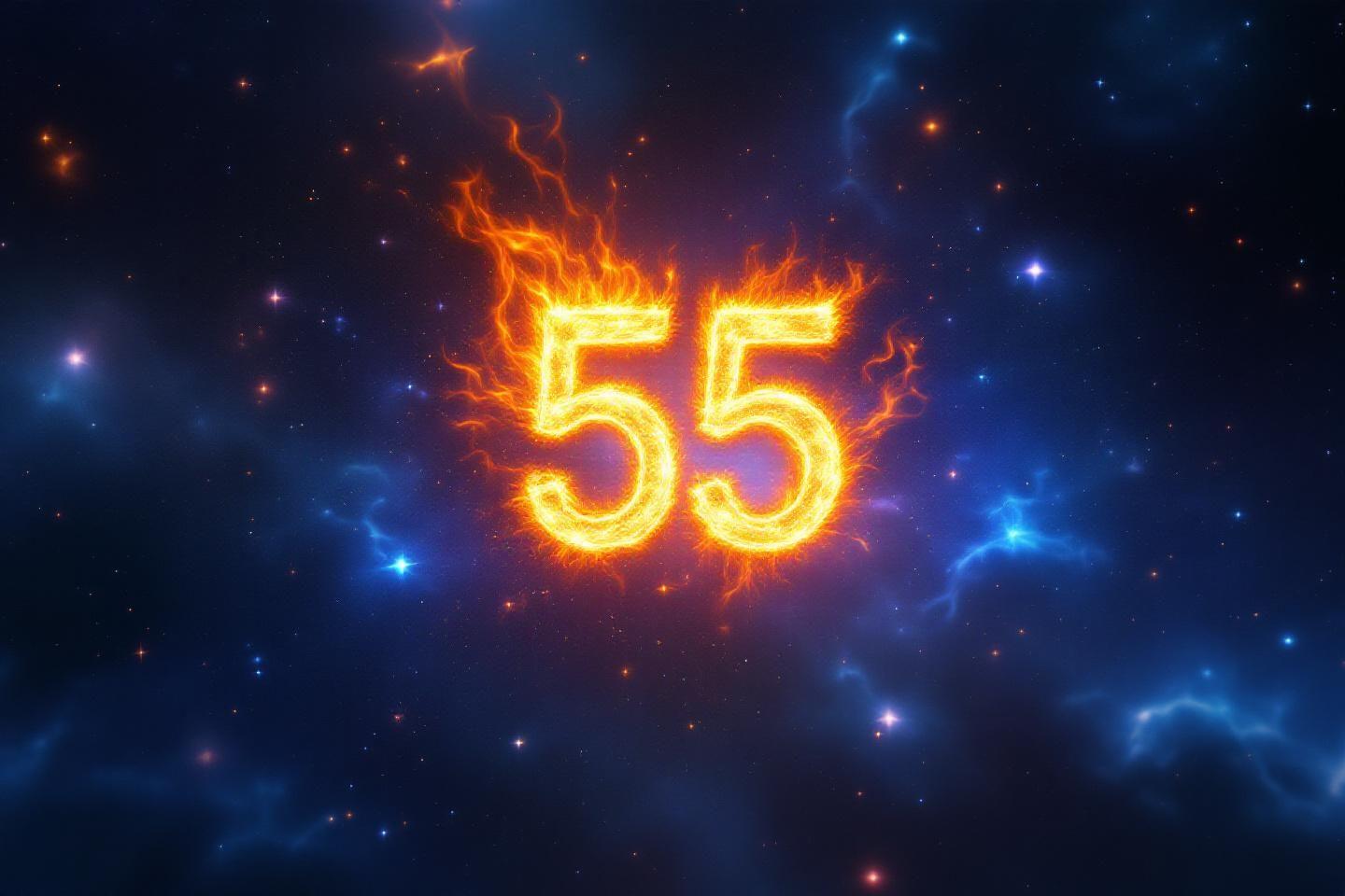 Chiffres 55 en feu vif sur fond de ciel étoilé sombre
