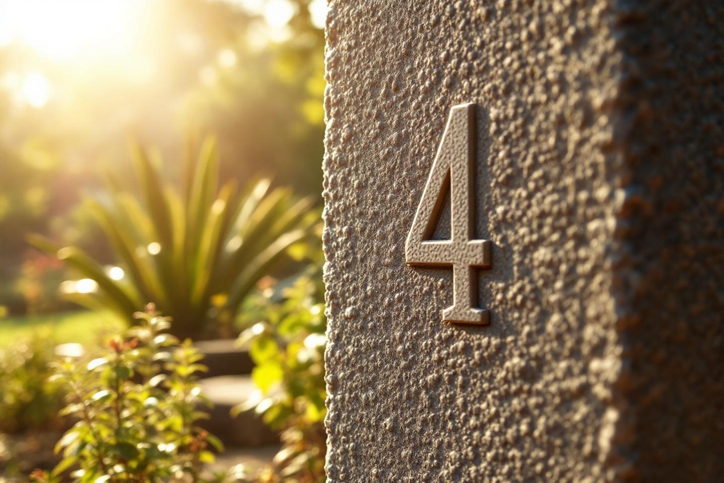 Chiffre 4 sur un mur texturé avec des plantes en arrière-plan