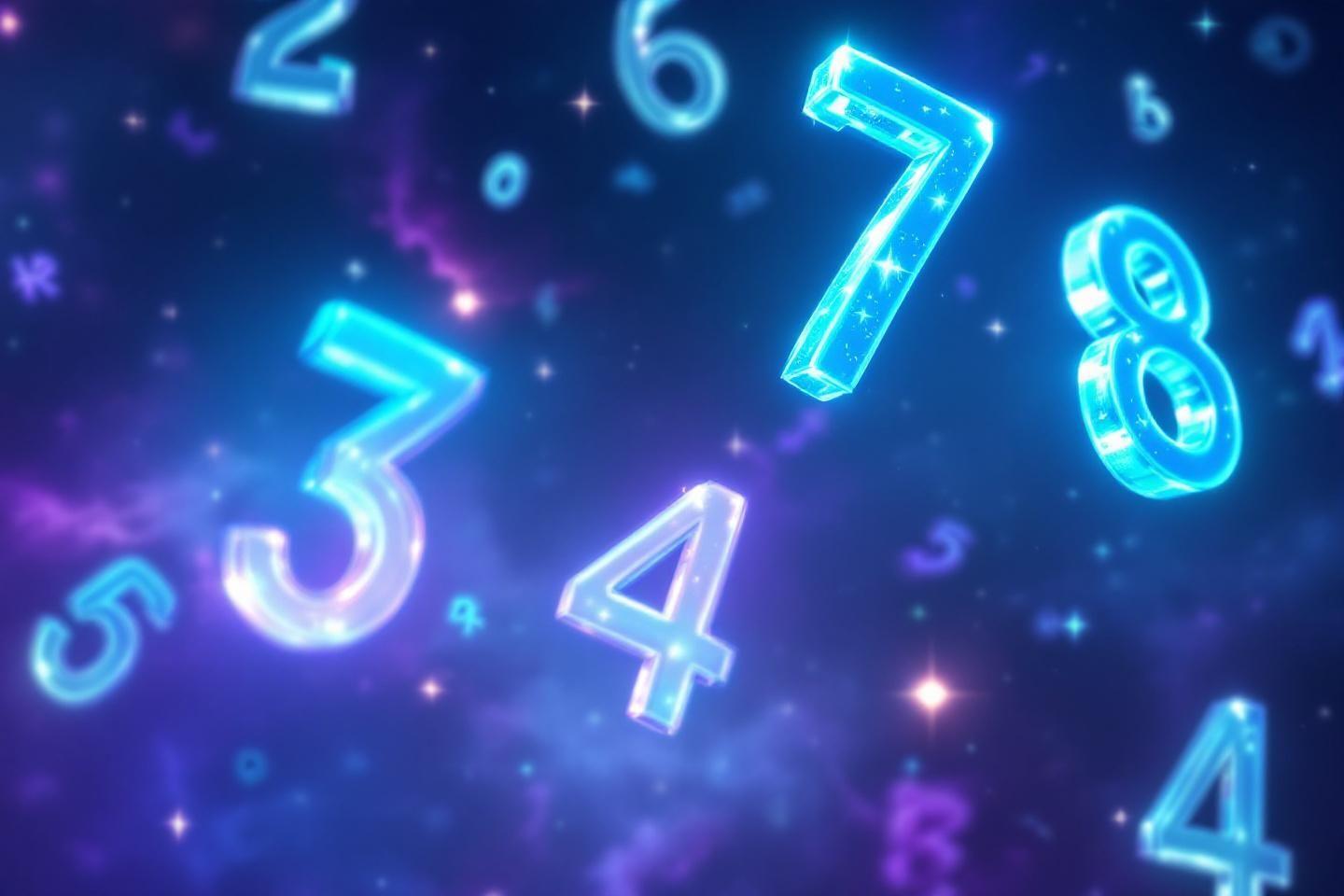 Chiffres lumineux bleus et violets flottant dans un cosmos étoilé