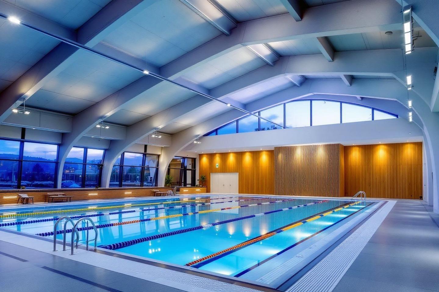 Piscine intérieure avec couloirs et lumière bleue