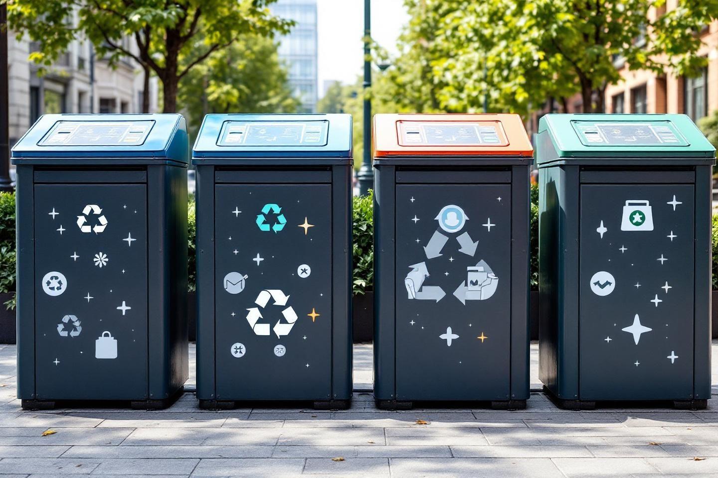 Quatre conteneurs de recyclage noirs avec des symboles et étoiles