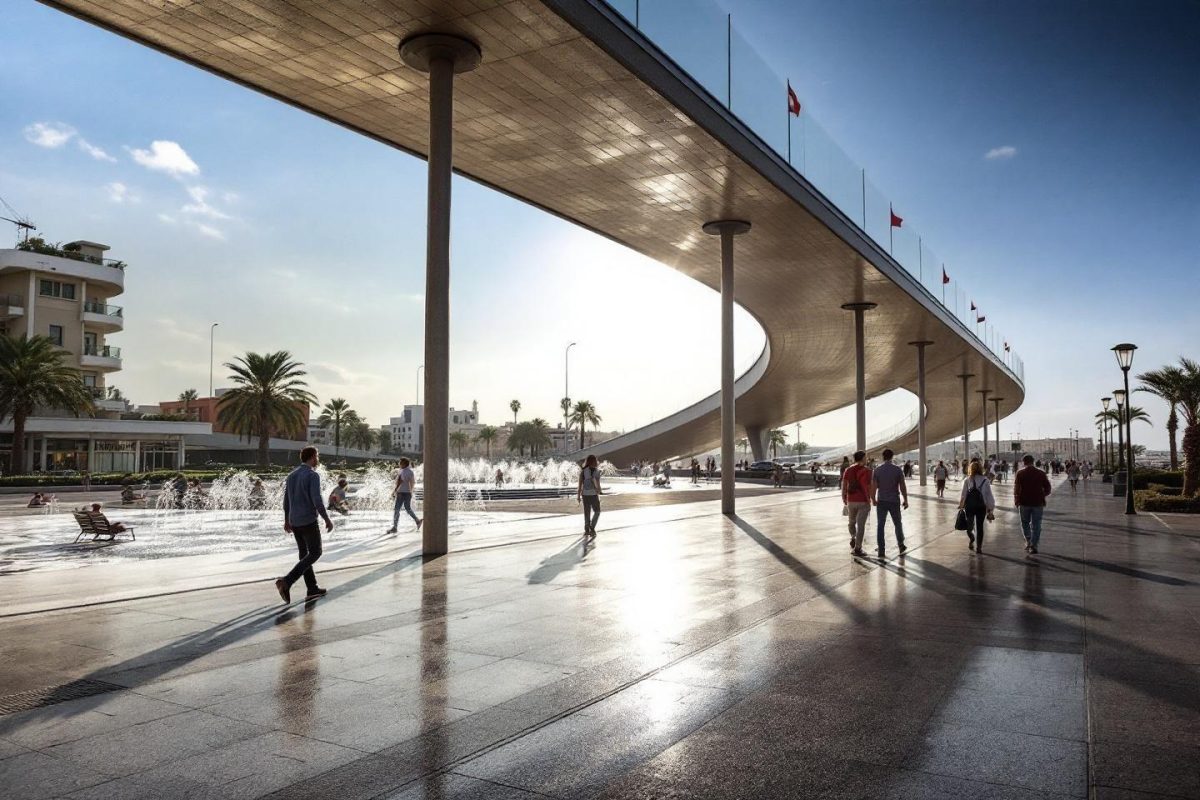 Espace public avec passerelle, fontaines et personnes marchant