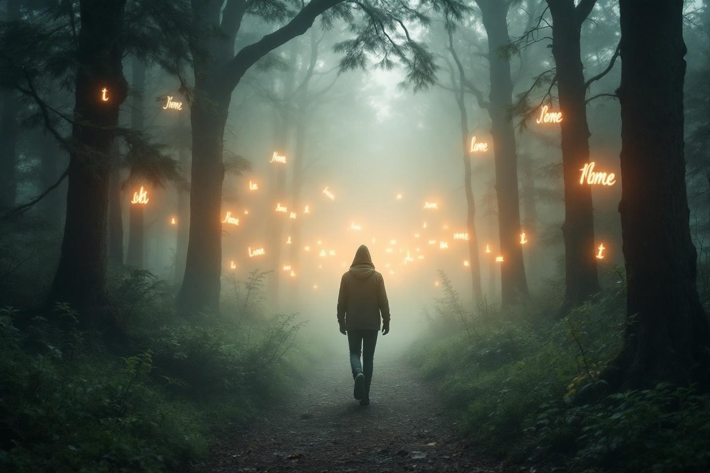 Silhouette marchant dans une forêt brumeuse aux lumières étranges