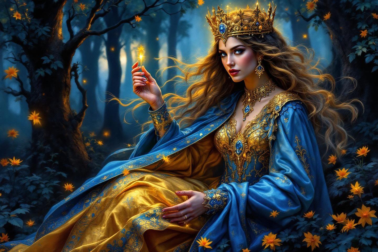 Femme royale avec couronne tenant une bougie lumineuse dans les bois