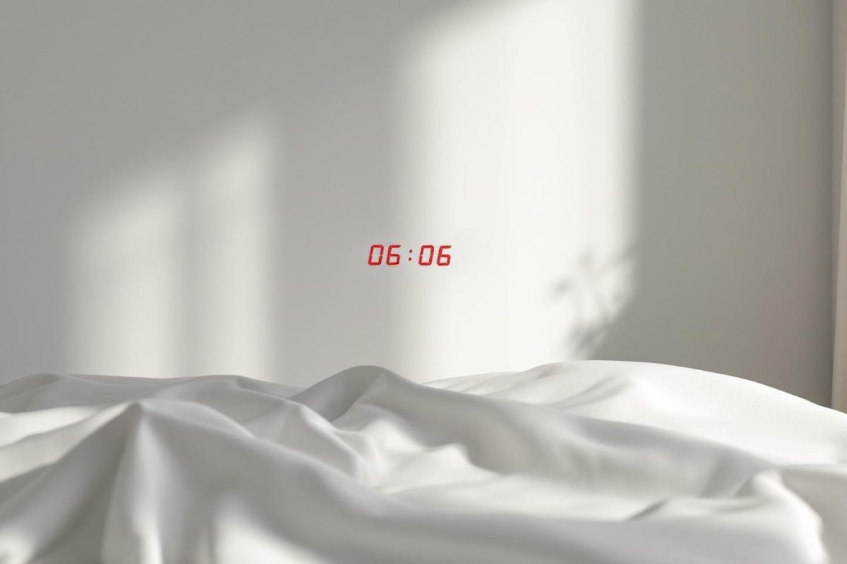 Draps blancs froissés avec horloge numérique rouge affichant 06:06