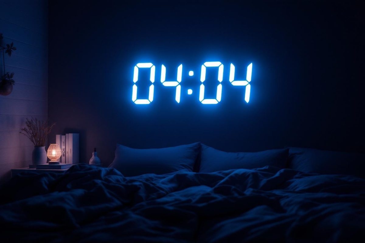 Horloge numérique affichant 04:04 dans une chambre sombre