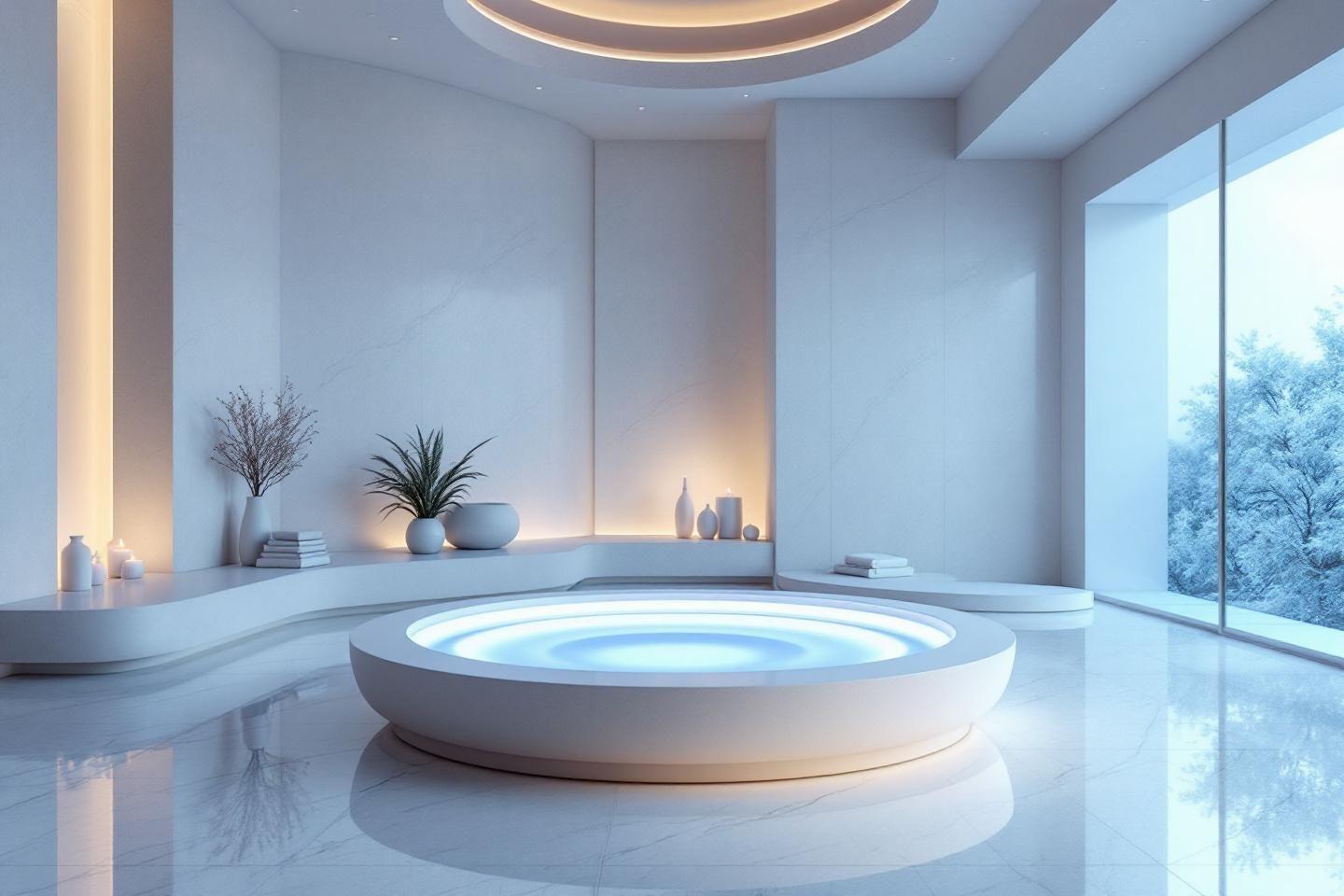 Baignoire ronde blanche dans un intérieur lumineux et épuré