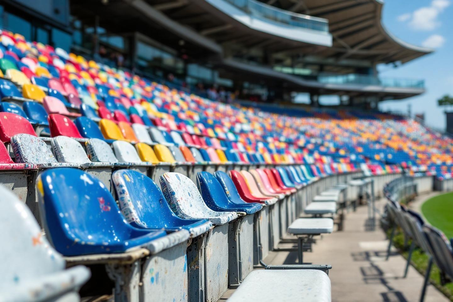 Gradins vides avec sièges multicolores et tribune en arrière-plan