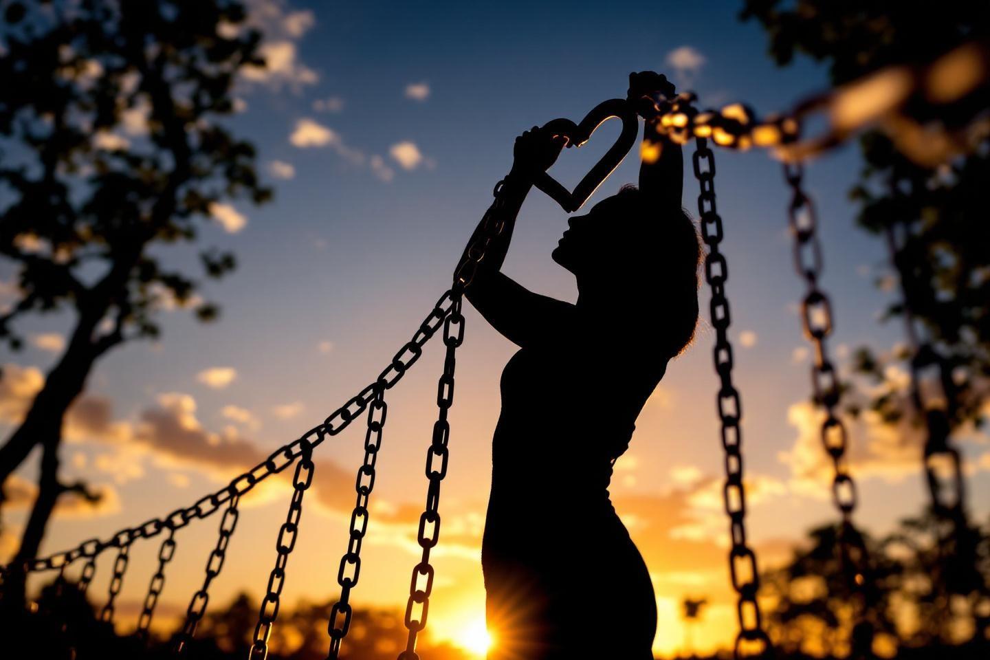 Silhouette sur balançoire au coucher du soleil avec chaînes métalliques