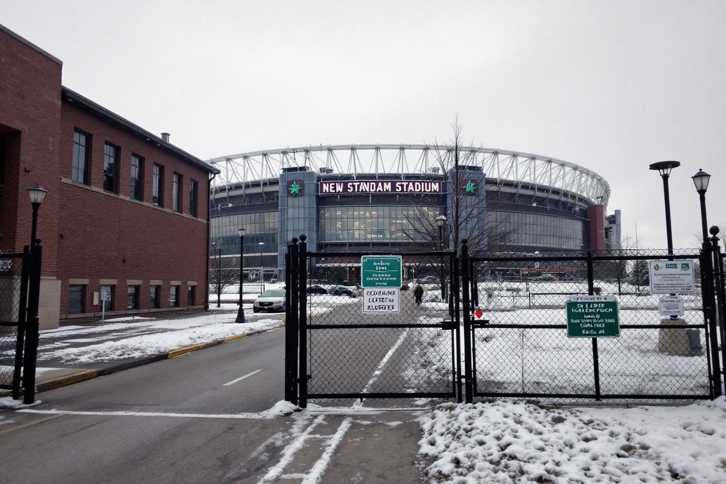 Stade de sports avec bâtiment administratif adjacent en hiver
