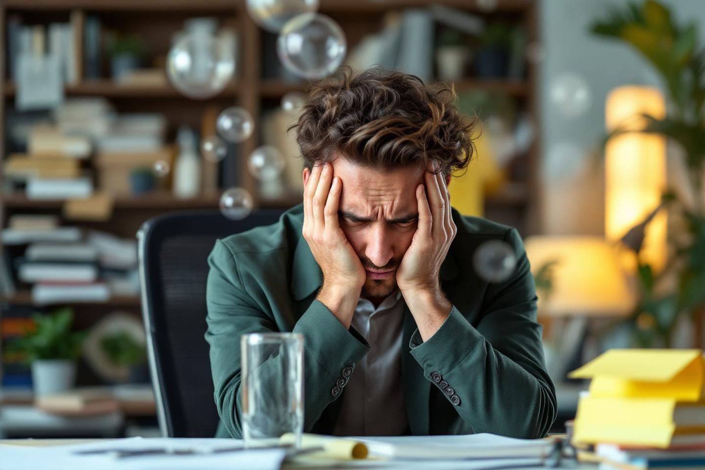 Homme fatigué, tête dans les mains, au bureau