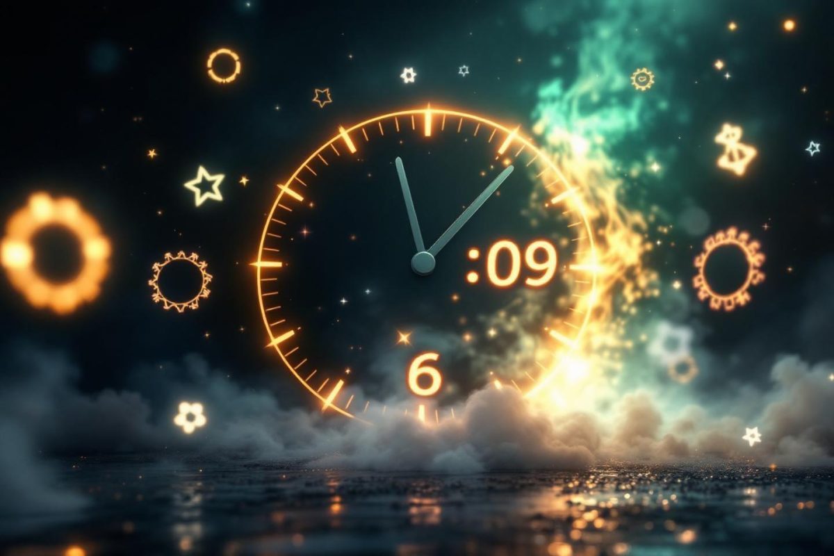 Horloge rougeoyante dans un ciel nocturne étoilé