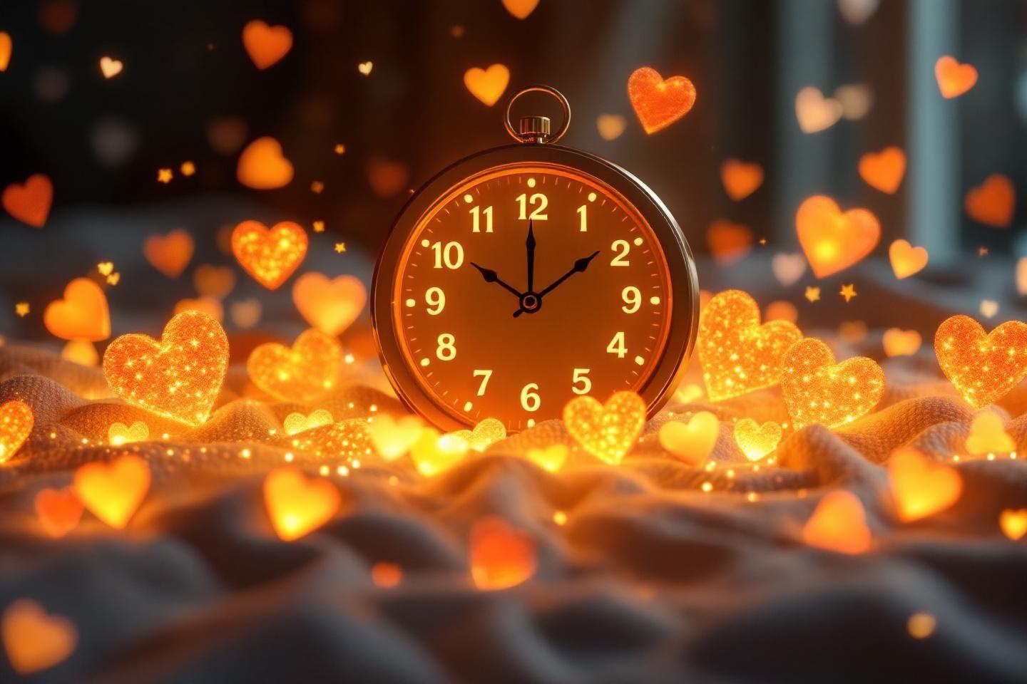 Horloge vintage entourée de cœurs lumineux dorés