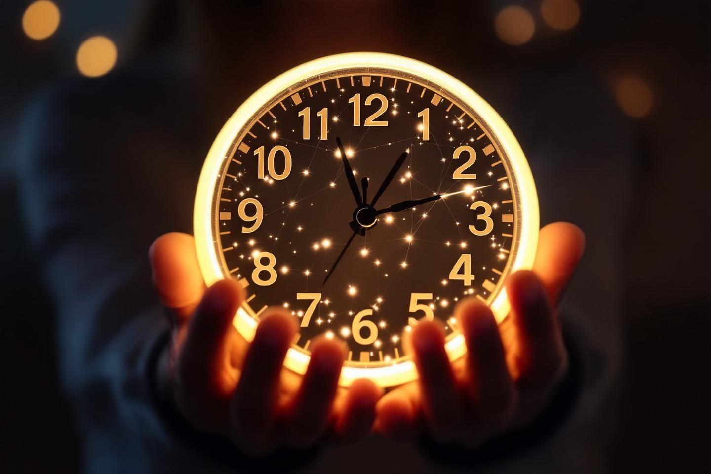 Horloge lumineuse tenue par des mains dans l'obscurité