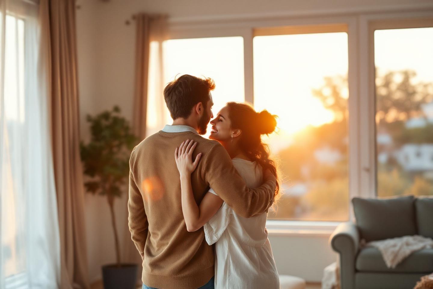 Couple enlacé près de la fenêtre, lumière dorée