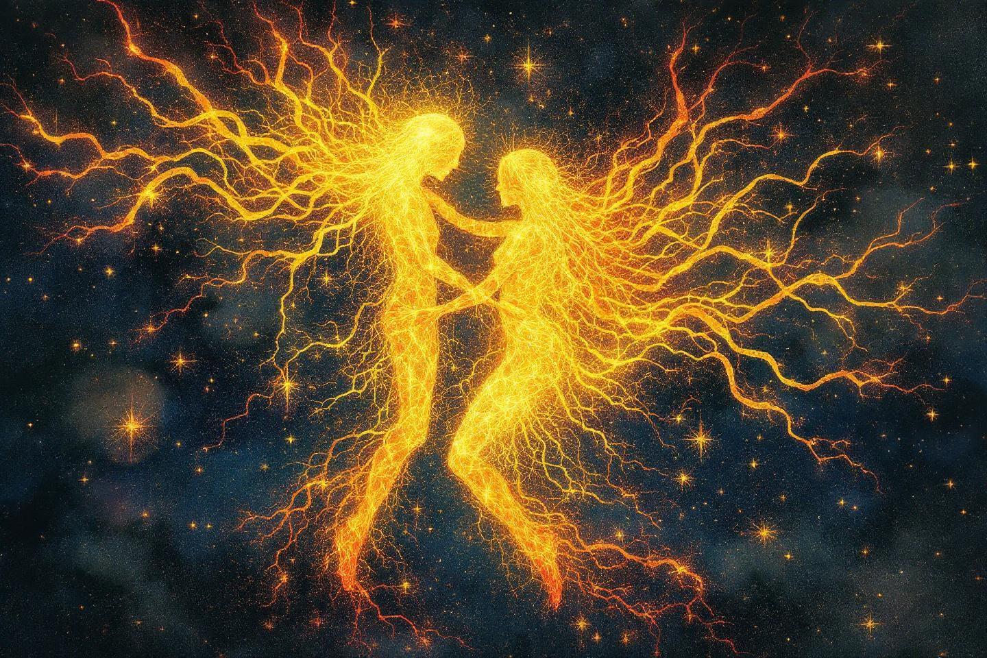 Deux silhouettes lumineuses enlacées dans un cosmos étoilé