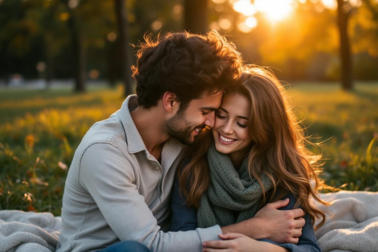 Couple enlacé dans un parc doré par le soleil d'automne