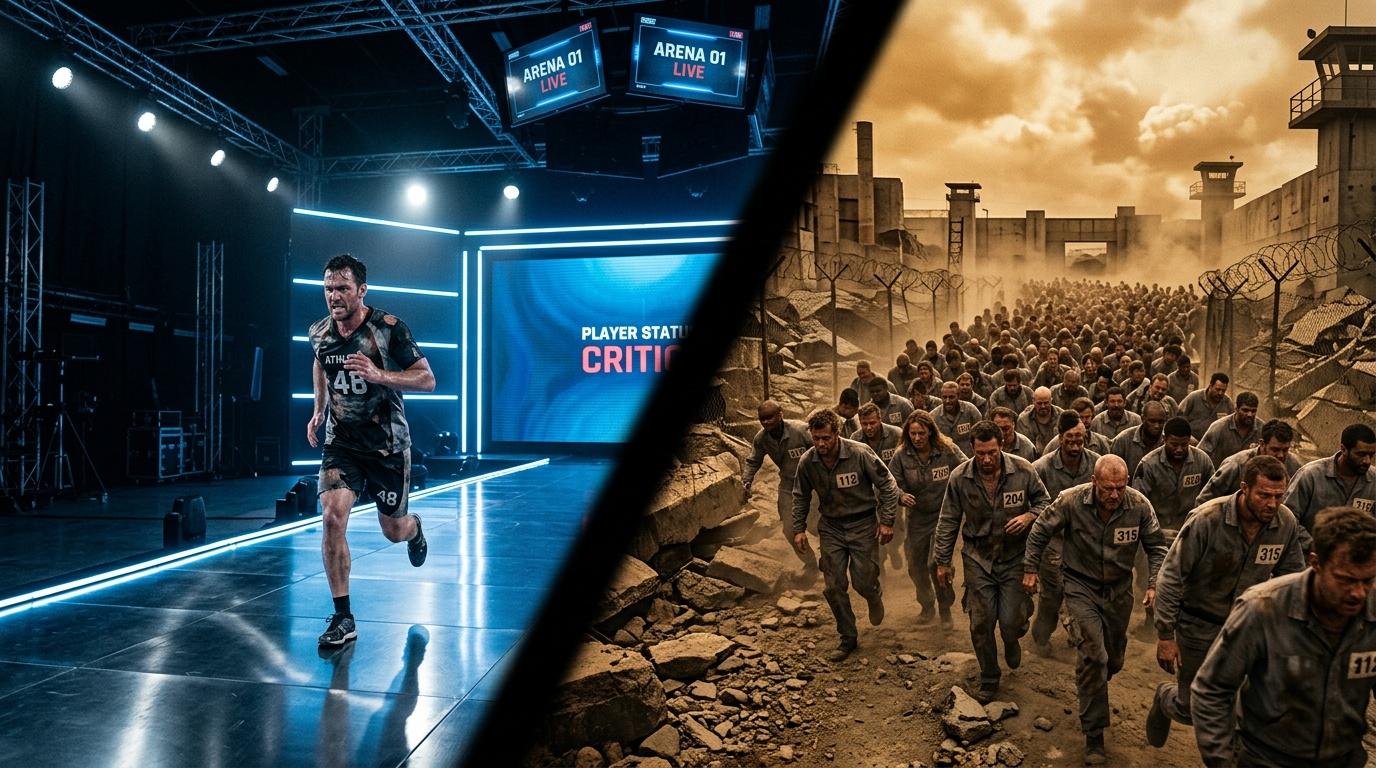 Contraste entre athlète en arène moderne et groupe en zone désertique.