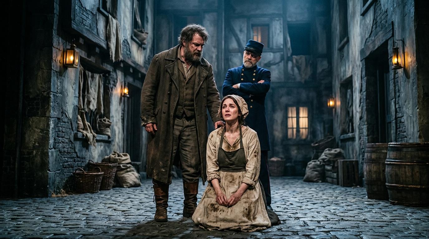 Trois personnages en costumes historiques dans une ruelle pavée éclairée