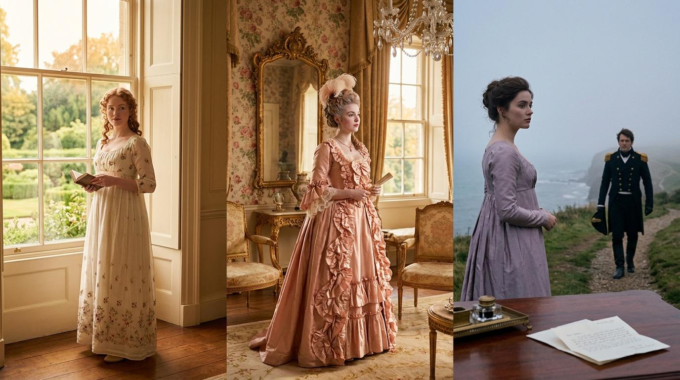 Trois femmes en robes historiques dans intérieurs et extérieurs élégants