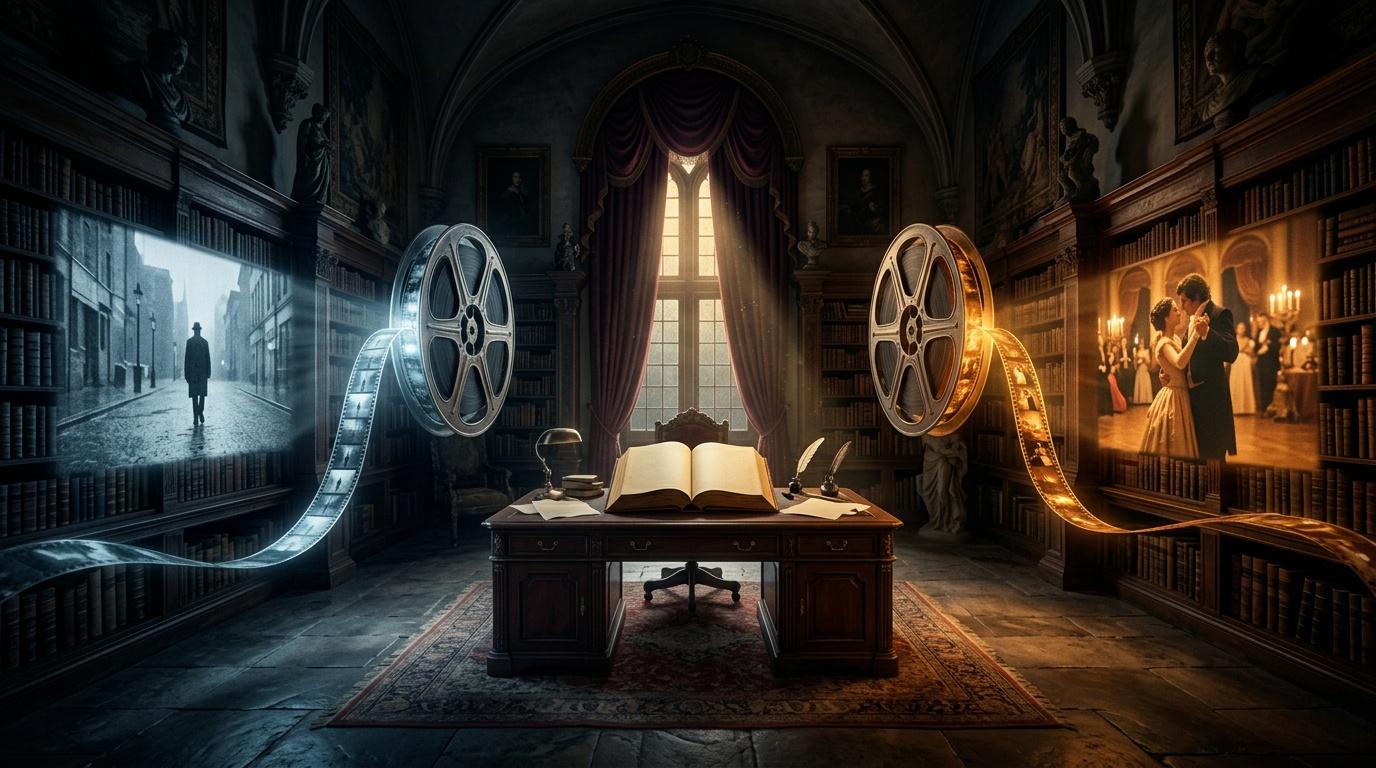 Bibliothèque avec bobines de film et livre ouvert au centre